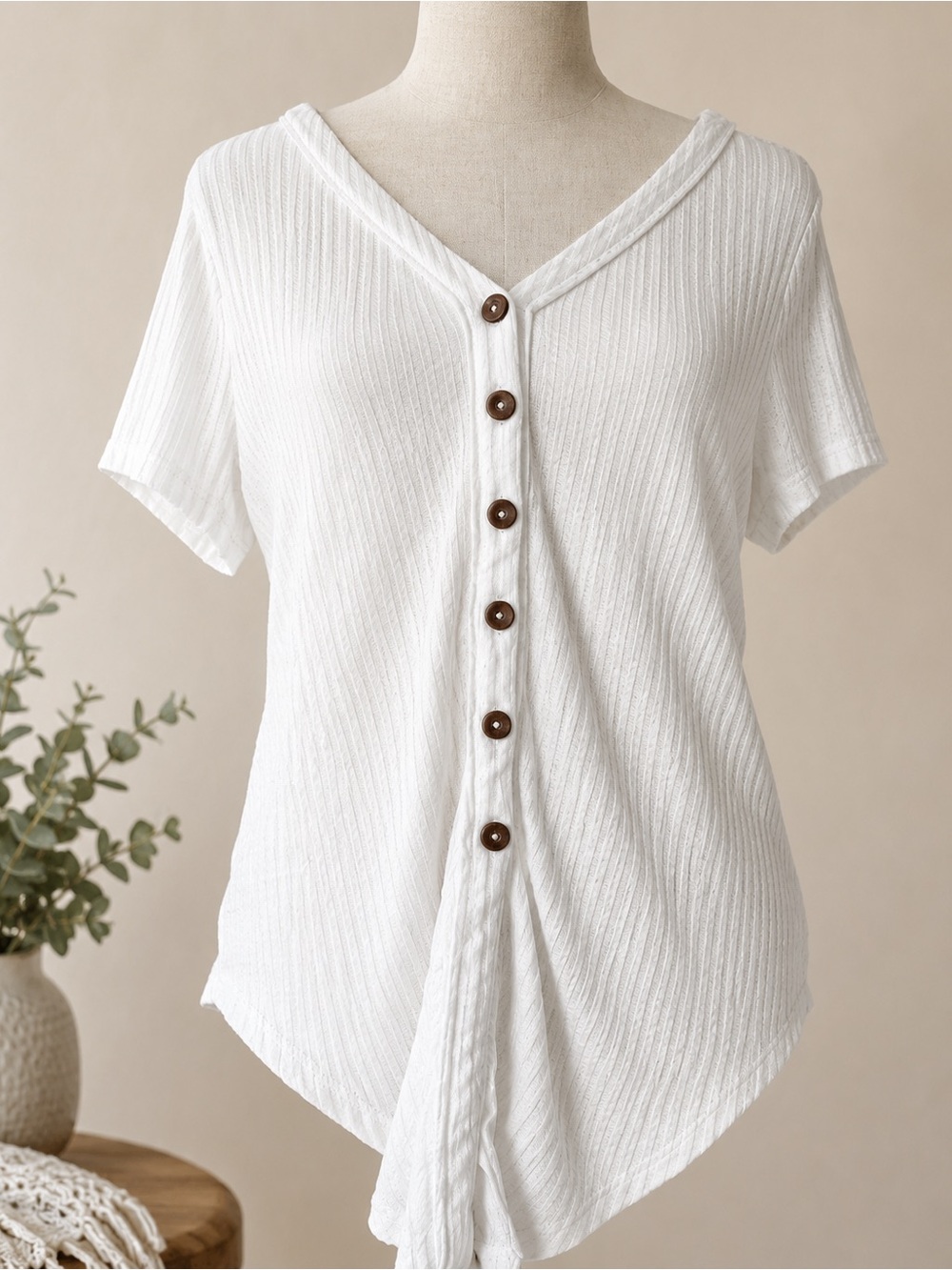 Aventura White Ribbed Button Front Top Soft Stretchy Boho Small